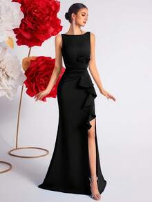 Elisanya Đầm dự tiệc cocktail hở lưng xẻ tà cạp cao đơn giản - màu đen - Xem 3
