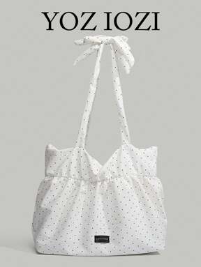 Korean Style Dot Pattern Canvas Tote Bag, Large Capacity Foldable Shoulder Bag For School/University, Suitable For Students, Wrinkle Ruffle Cloud Tie Strap Design