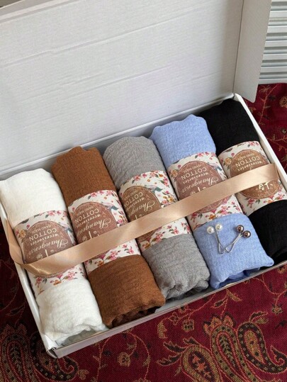 1 Box Women's Solid Color Chiffon Modal Hijab Headscarf, Casual Scarf, Viscose Headscarf, Hijab Accessories, Scarves For Women, Jersey Hijab Ribbons Decor, Multi-Colors Available, Versatile Head Wrap & Long Scarf, Can Be Used As Gifts (5 Hijabs + 2 Silk Scarf Clips)