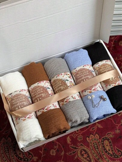 1 Box Women's Solid Color Chiffon Modal Hijab Headscarf, Casual Scarf, Viscose Headscarf, Hijab Accessories, Scarves For Women, Jersey Hijab Ribbons Decor, Multi-Colors Available, Versatile Head Wrap & Long Scarf, Can Be Used As Gifts (5 Hijabs + 2 Silk Scarf Clips) For Dress