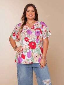 V-Neck Floral Print Casual Festival Vacation Short Sleeve Ruffle Hem Pullover Blouse, Plus Size Women
