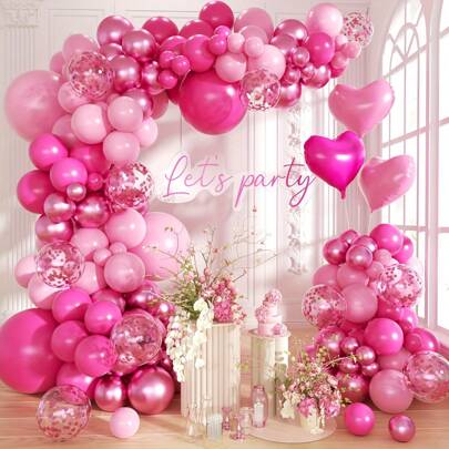 105pcs Hot Pink Balloon Arch Garland Set, Light Pink & Metallic Fuchsia Balloons, Heart Foil Balloons, Suitable For Girl's Birthday, Princess, Wedding, Baby Shower, Gender Reveal Party Decor