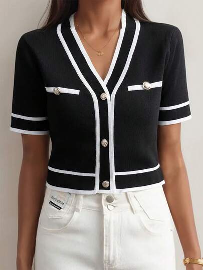 Women's Casual Summer Outfits Colorblock Striped V-Neck Short Sleeve Button Cropped Knit Top