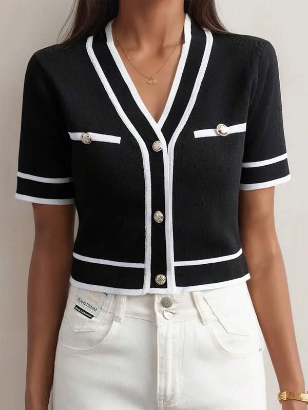 Women's Casual Summer Outfits Colorblock Striped V-Neck Short Sleeve Button Cropped Knit Top