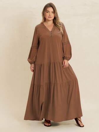 Rusttydustty 2025 Spring And Summer Red Lace V-Neck Long Sleeve Loose Plus Size Dress Wedding Dinner Seaside Vacation Music Festival