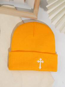1 Peça Gorro de Malha Estilo de Rua Masculino com Bordado em Cruz, Chapéu de Malha Y2K, Sem Aba, Visual de Halloween e Outono