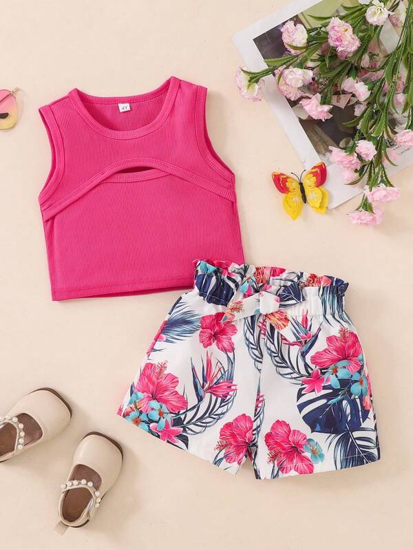Toddler Girls 2 Pieces Outfit Summer 2025 - Hot Pink Ribbed Knit Crop Top With Cutout & Tropical Leaf Print Shorts Set Casual Playwear Vacation Beach Clothes Age 2-7 Years