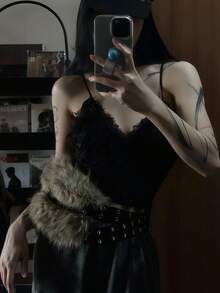 Hot Girl 合成羊毛和毛皮腰带,美国复古朋克风格不对称合成毛皮拼布腰带 PU 皮带 - 彩色 - 查看 2