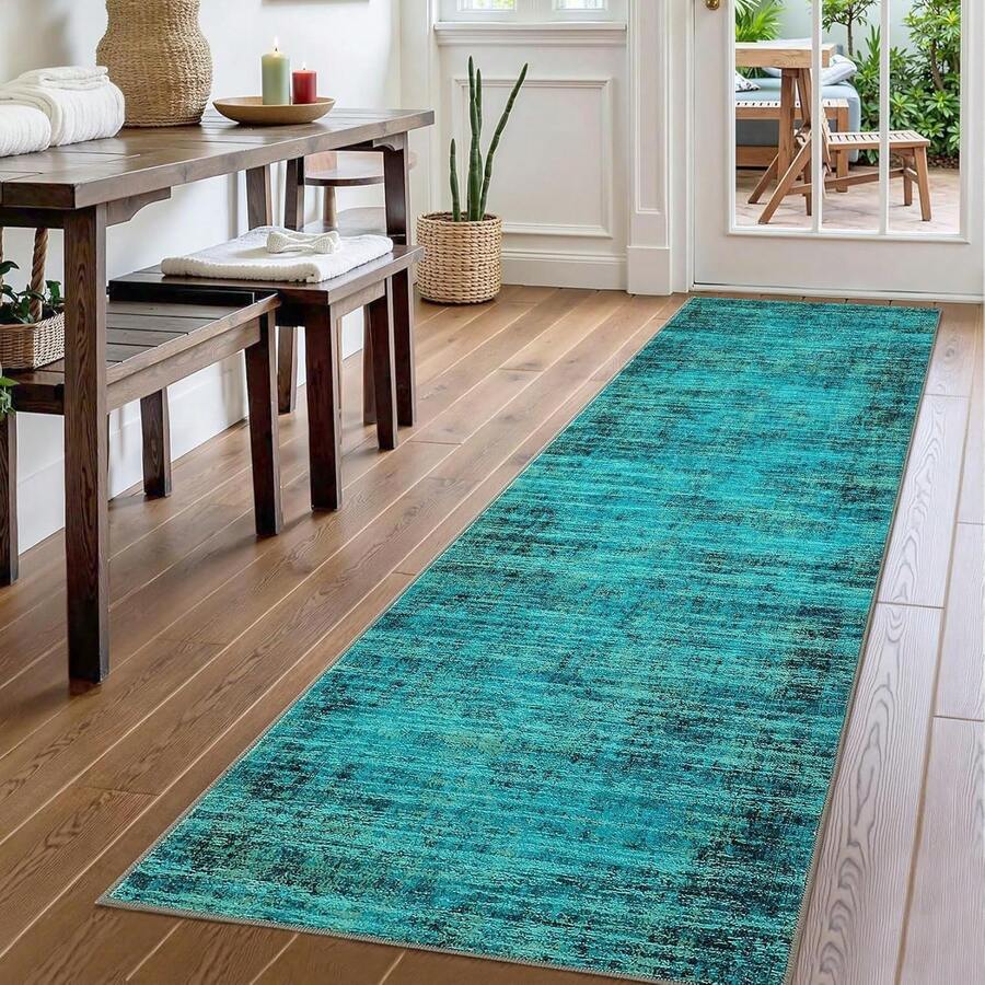 CuisinSmart Runner Rug For Bedroom Soft Vintage Distressed Washable Rug Runners For Hallways Non-Slip Low Pile Retro Abstract Neutral Carpet For Bathroom Office Laundry Kitchen - Màu xanh ngọc lam nhiều - Xem 1