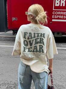 Ladies' Spring And Summer New Style Faith Over Fear Letter Print Daily Casual Round Neck Short Sleeved T-Shirt, Fashionable Vacation Style, Your Daily Necessity. Vacation Outfits Women Graphic Tees Women White Top