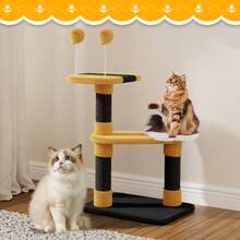 75cm Cat Tree Tower With Flower Platform And 2 Toy Balls, Indoor Cat Activity Centre With Scratching Posts And Jumping Platforms, Space-Saving Cat Furniture For Small Pets - Black+Yellow - View 3