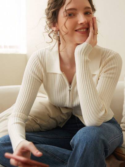 Knit Mix Elegant Women's Chic Knitted French Commuter Cardigan, Long Sleeve Zipper Slim Fit Sweater, Casual Fall & Winter Fashion, Valentine's Day Gift Idea Modest Vintage Old Money Style Back To School Fall Women Clothes Autumn,Suitable For Christmas, Thanksgiving, And New Year