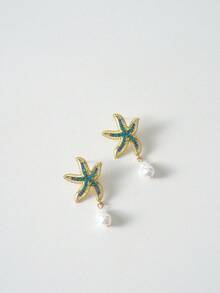 Tropiscape Rhinestone Starfish Decor Faux Pearl Drop Earrings Beach Autumn Winter Gifts Cottagecore,SummerOutfit - Multicolor - View 9