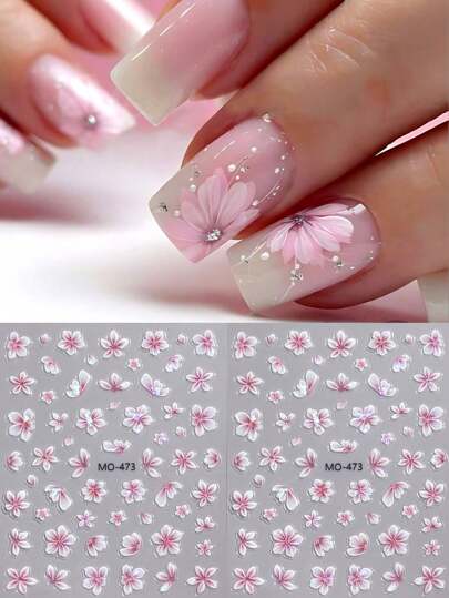 2 Peças Adesivo de Unha com Flor de Camélia Aurora Rosa, Holográfico em Relevo, Flores de Cerejeira Florais para Casamento, Decorações Deslizantes de Unha, Encantos de Unha, Aplique uma camada de esmalte transparente ou top coat na superfície e suas unhas ficarão mais bonitas e os adesivos de unha durarão mais.