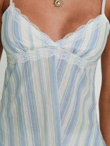 Women Y2k Lace Trim Cami Top Spaghetti Strap Sheer Mesh V Neck Camisole Summer Sexy Backless Tank Tops Outfits Summer Vacation Beach Streetwear - 淺藍色 - 查看 4