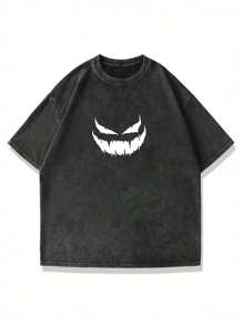 Camiseta de manga corta con cuello redondo de talla grande para hombres, con estampado gráfico de cara y texto en inglés, de estilo casual y urbano, para uso diario, con estilo grunge