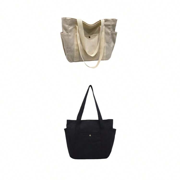 1pc/2pcs Large Capacity Canvas Tote Bag, Multi-Pocket Shoulder Bag, Reusable Shopping Bag, Comfortable Handle, Convenient To Carry, Suitable For Daily Use And Gifting, Portable Handbag For School, Work, Travel And Shopping - Multicolor - View 13