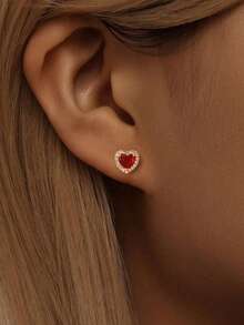 1pc S925 Sterling Silver Heart Shaped Cubic Zirconia Earrings Necklace Ring For Women Fine Jewelry Birthday Gift - Red Heart Earrings - View 1