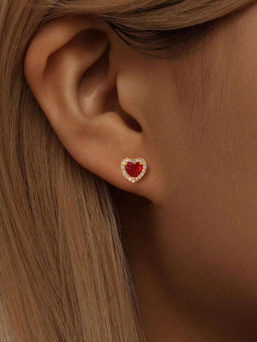 1pc S925 Sterling Silver Heart Shaped Cubic Zirconia Earrings Necklace Ring For Women Fine Jewelry Birthday Gift - Red Heart Earrings - View 1