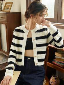 Knit Mix 女士针织法式通勤开衫，条纹圆领长袖纽扣前襟宽松版型，时尚返校季女装秋冬装 - 黑與白 - 查看 7
