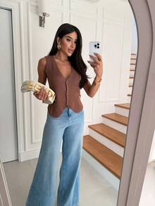 Women Elegant Knit Vest Fang Fashion For Women Simple Casual Knitwear Daily Holiday Fake Pockets Button - 米色 - 查看 3