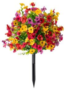 NKEN 1 buchet artificial cu violete, cu țepi de pământ (opțiuni multicolore), mătase artificială cu violet și verdeață, aspect real, plantă simulată pentru verandă, casă, terasă interioară, balcon, curte, aranjament floral introdus în pământ.