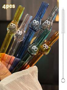 3Pcs Cute Cartoon Big-Eye Glass Straws With Brushes, Colorful Reusable Drinking Straws For Smoothies, Bubble Tea, Milkshakes, Party Supplies, Easy Clean