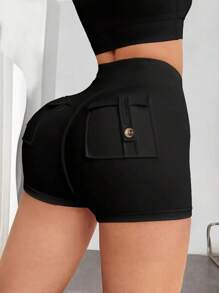Women's High Waisted Yoga Shorts With Button Pocket - Utility Workout Shorts Tummy Control Butt Lifting Comfy Stretchy For Running Gym, Activewear Athleisure Outdoor Fitness Streetwear