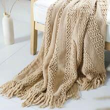 Cozy Knit Throw Blanket With Tassels - Soft, Lightweight & Warm - Perfect For Couch, Bed, And Travel - Farmhouse Style In Khaki & Cream - Khaki - View 2