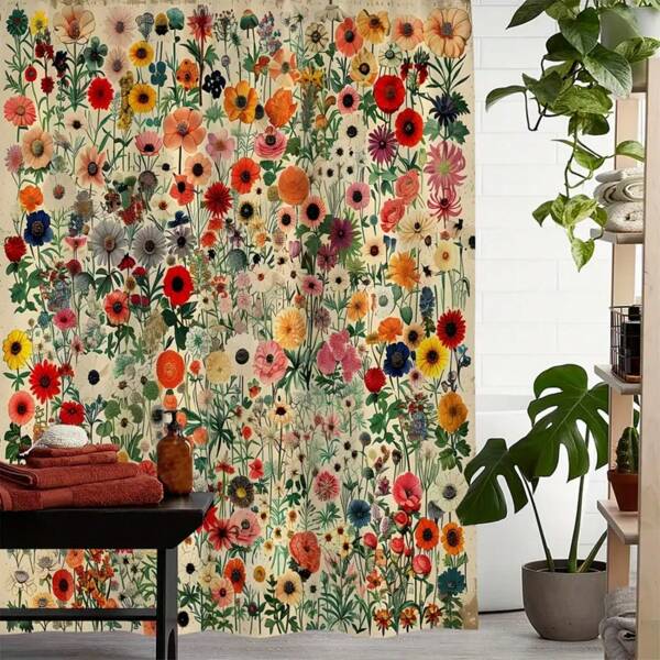 1pc Vintage Green Plant Floral Print Shower Curtain, Non-Light-Blocking Polyester Fabric With Hooks, Windows And Walls Bathtub Bathroom Home Decoration Shower Curtain, All Season Universal Room Decor Bathroom Accessories Back To School