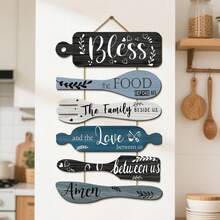 1 Set de Decoración de Pared de Madera: Bendice la Comida Antes de Nosotros - Decoración Artística de Pared de 6 Piezas de Madera Colgante con Cuerda para Comedor, Cosecha Festiva, Otoño, Año Nuevo y Decoración Navideña, Arte de Cocina Rústica de Granja