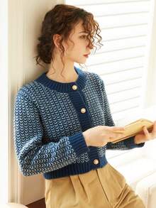 Knit Mix Elegant Women's Chic Knitted Cardigan Casual Versatile French Style Autumn Winter Long Sleeve Round Neck Sweater Coat For Christmas Thanksgiving New Year