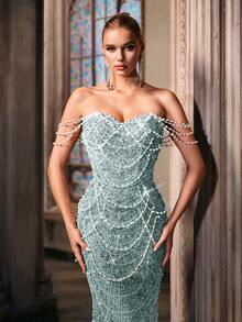 Đầm dạ hội LUVISTRUE Ethereal Pearl Decor, đầm sequin dành cho nữ, thích hợp cho lễ tốt nghiệp, dạ hội, tiệc sinh nhật, tiệc gala, tiệc cocktail, buổi hòa nhạc, lễ trao giải, đầm dài đến sàn, lệch vai. - Màu xanh bạc hà - Xem 8