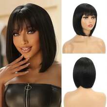 Brazilian Human Hair Wig With Bangs Remy Straight Bob Wigs Full Machine Made Wig For Women 8-14 Inches Non Lace Bob Wigs 200% Density Glueless Wigs - Natural Black - View 8