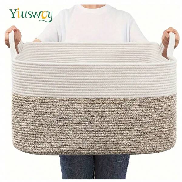 Yiuswoy 1 peça, cesta de armazenamento extra grande, feita de corda trançada, para cobertores, brinquedos e cesta com alça, cesto retangular para roupa suja, para cobertores, travesseiros, brinquedos, decoração e organização para sala de estar, banheiro e quarto