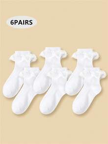 6 Pairs Girls White Double Lace Trim Princess Dancing Socks, Breathable Mesh Net Ankle Socks