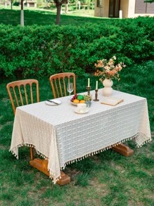 1 Pc Solid Color Four Leaf Clover Tassel Tablecloth, Rectangular Hollow Atmosphere Table Cloth, Suitable For Wedding, Holiday Gathering, Daily Home Use And Other Table Decor Textile
