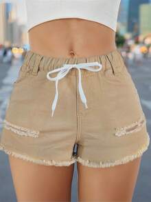 Women Elastic Drawstring Waist Distressed Denim Shorts With Pockets - Apricot - View 3