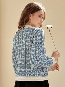 Knit Mix Women's Knitted Geometric Pattern Commuter Shirt, Suitable For Autumn/Winter, Round Neck Long Sleeve With Pocket, Regular Loose Fit, Comfortable, Back To School Season - Blue and White - View 2