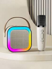 1 件迷你卡拉 OK 机，带 2 个无线麦克风，便携式无线 RGB 灯扬声器套装，家用卡拉 OK 机，便携式手持卡拉 OK 麦克风扬声器，适用于家庭聚会、宿舍、返校必备品、学校活动、课堂互动、学生礼物、音乐课、氛围增强玩具 - 米色 - 查看 10