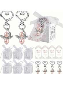 1/12/24 Stücke, Festliche Geschenkbox, rosafarbener Engel Schlüsselanhänger mit herzförmigem Kunstperlenanhänger, geeignet für Süßigkeiten-Sets, passend für Feste, Taufen und Hochzeiten als Valentinstag Taufe Geschenke