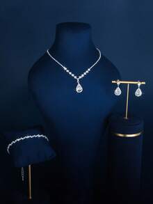 Bridal Jewelry Set - Elegant Necklace, Earrings, Bracelet, Inlaid With Rhinestones And Waterdrop, Suitable For Women's Daily Wear, Weddings, Parties, And Other Occasions - Silver - View 3