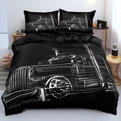 Conjunto de capa de edredom com estampa 3D de linhas brancas e estampa de carro retrô, 2/3 peças, conjunto de cama descolado para meninas e meninos, conjunto de capa de edredom em poliéster respirável, decoração de quarto (tamanho 135 x 200, apenas 1 fronha)