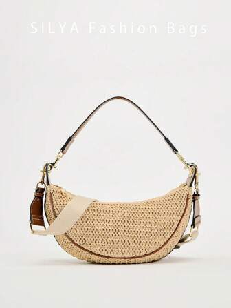 1 件女士轻质编织斜挎包 - 可拆卸可调节肩带，拉链开合，橡胶和涤纶衬里，米色/黑色，春夏休闲度假日常单肩手提包，度假手提包 | 优雅点缀 | 天然编织工艺，小号斜挎包