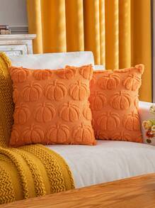 2pcs Orange Curved Pumpkin Pattern Pillow Covers, Boho Style Faux Fur Polyester Fabric Sofa Cushion Covers Suitable For Halloween, Living Room And Dining Room Decor
