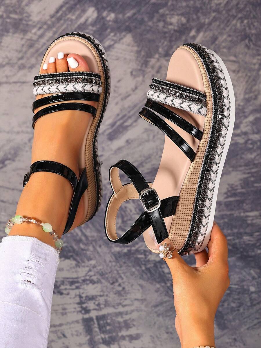 Sandal đế xuồng mùa hè thanh lịch, sandal đế dày kiểu La Mã đan dây thừng trang trí đinh tán, sandal hở mũi phong cách Bohemian với quai thun co giãn, thoáng khí, thoải mái, sandal bệt thanh lịch thường ngày, phụ kiện du lịch thiết yếu