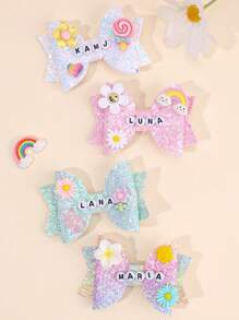 1 Stück kundenspezifische glitzernde Haarschleife mit Wunschtext für Mädchen, kundenspezifischer Name, glänzend weiß-rosa Schleife Haarspangen, süßer Bären-Blumen-Dekor Haarnadeln, lässiger Alltagskopfschmuck, Kinderbaby Haraccessoires