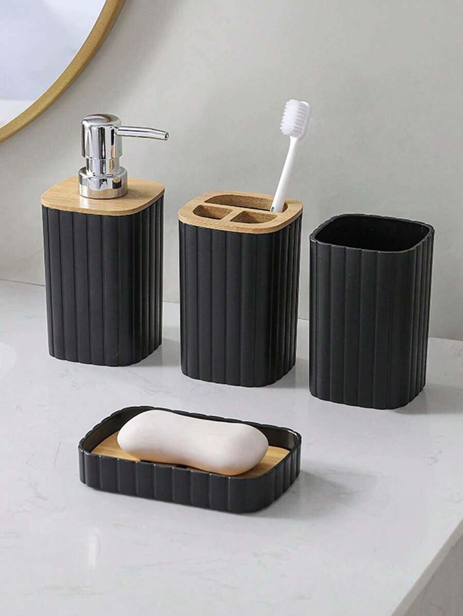 4Pcs Bathroom Set Soap Dispenser Toothbrush Cup And Bamboo Tray Set Countertop Toiletries Storage Set For Farmhouse Bathroom Decor Back To School