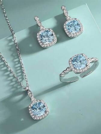 4pcs/Set Ocean Heart Shaped Blue Cubic Jewelry Set Necklace, Earrings, Ring, Perfect Gift For Girlfriend, Daily Wear & Special Occasions
