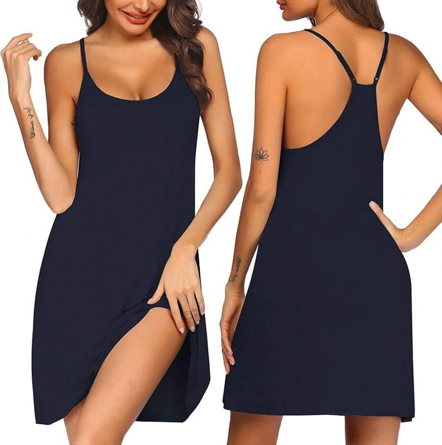 Women's Racerback Sleeveless Nightgown, Sleepwear - Navy Blue - View 1